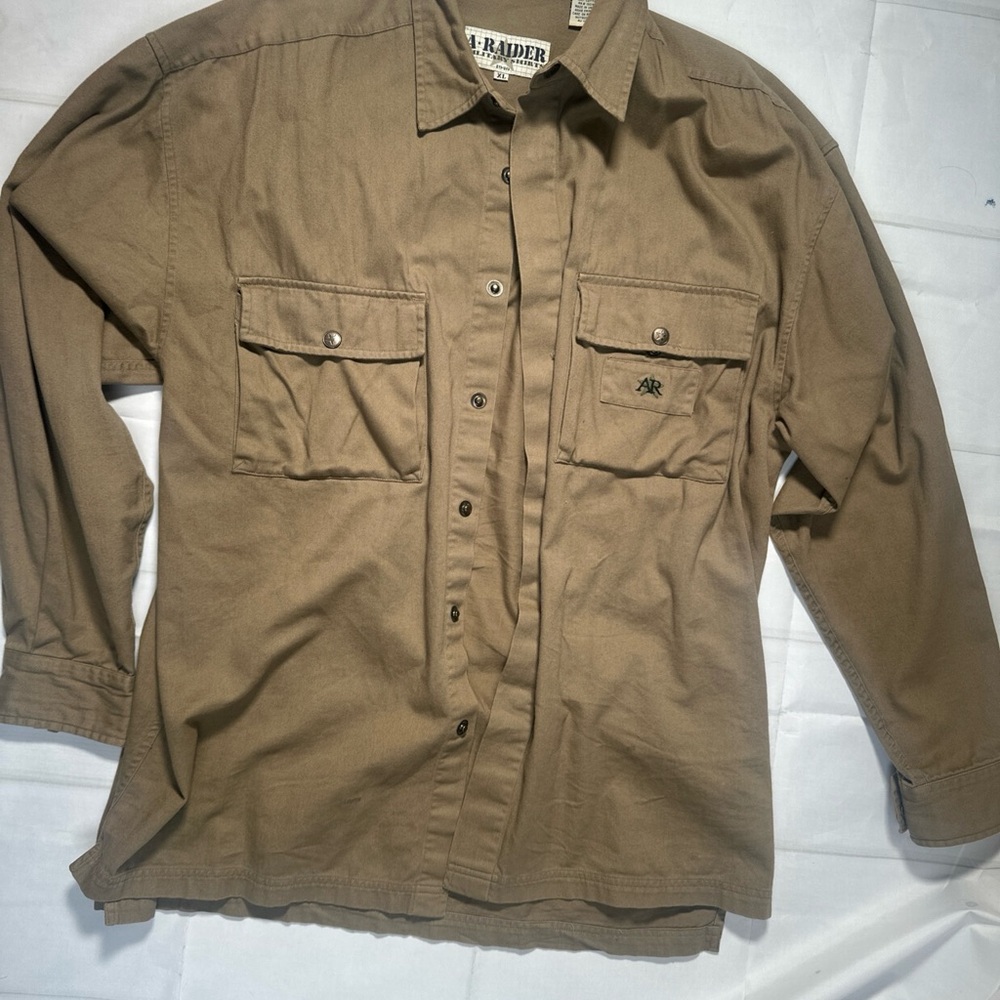 A-Raider Military Men's Shirt Size XL Button Up Khaki Beige Heavy Cotton Vintage